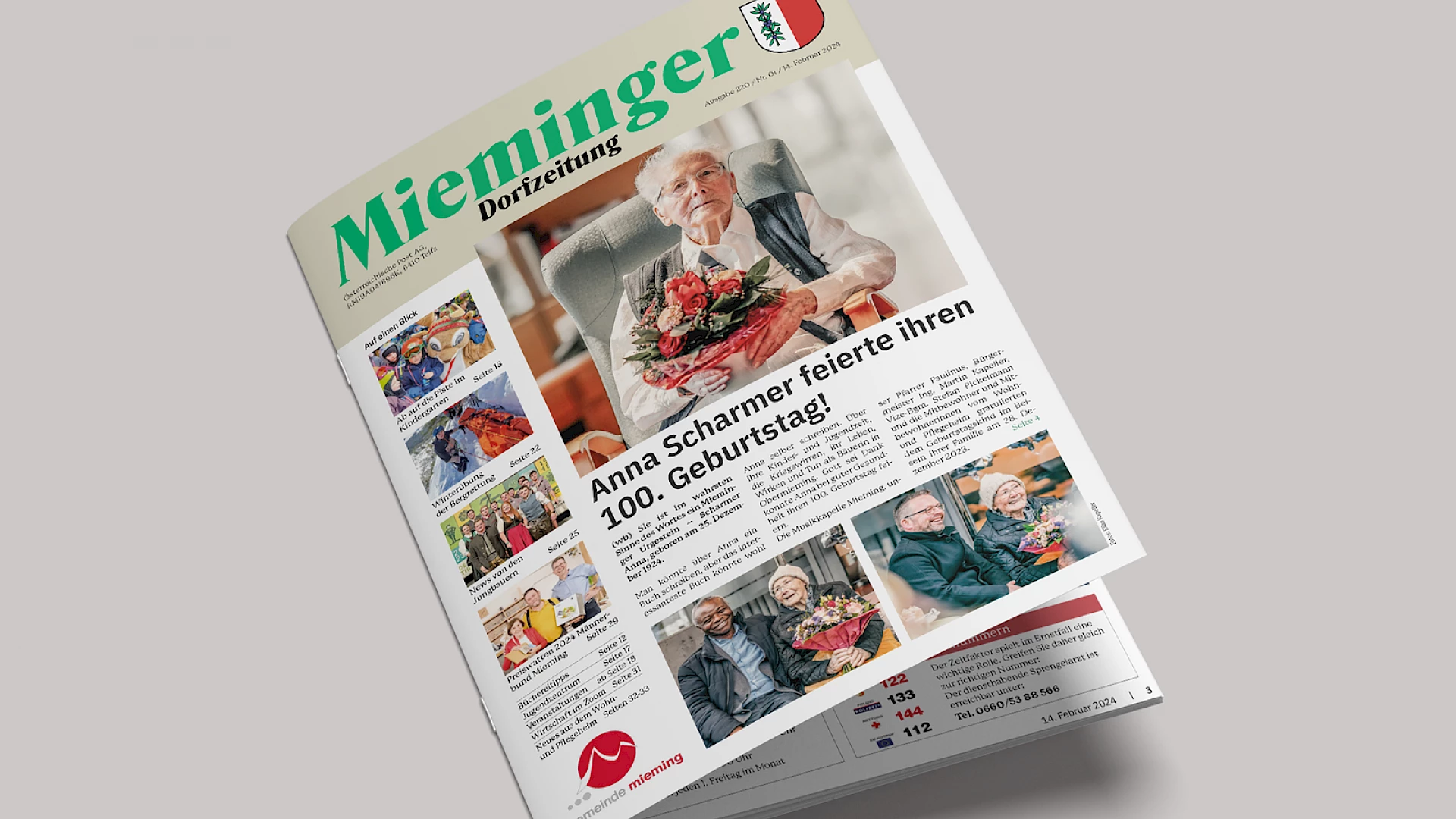 Das neue Design der Mieminger Dorfzeitung von der Werbeagentur Buerostark entwickelt.